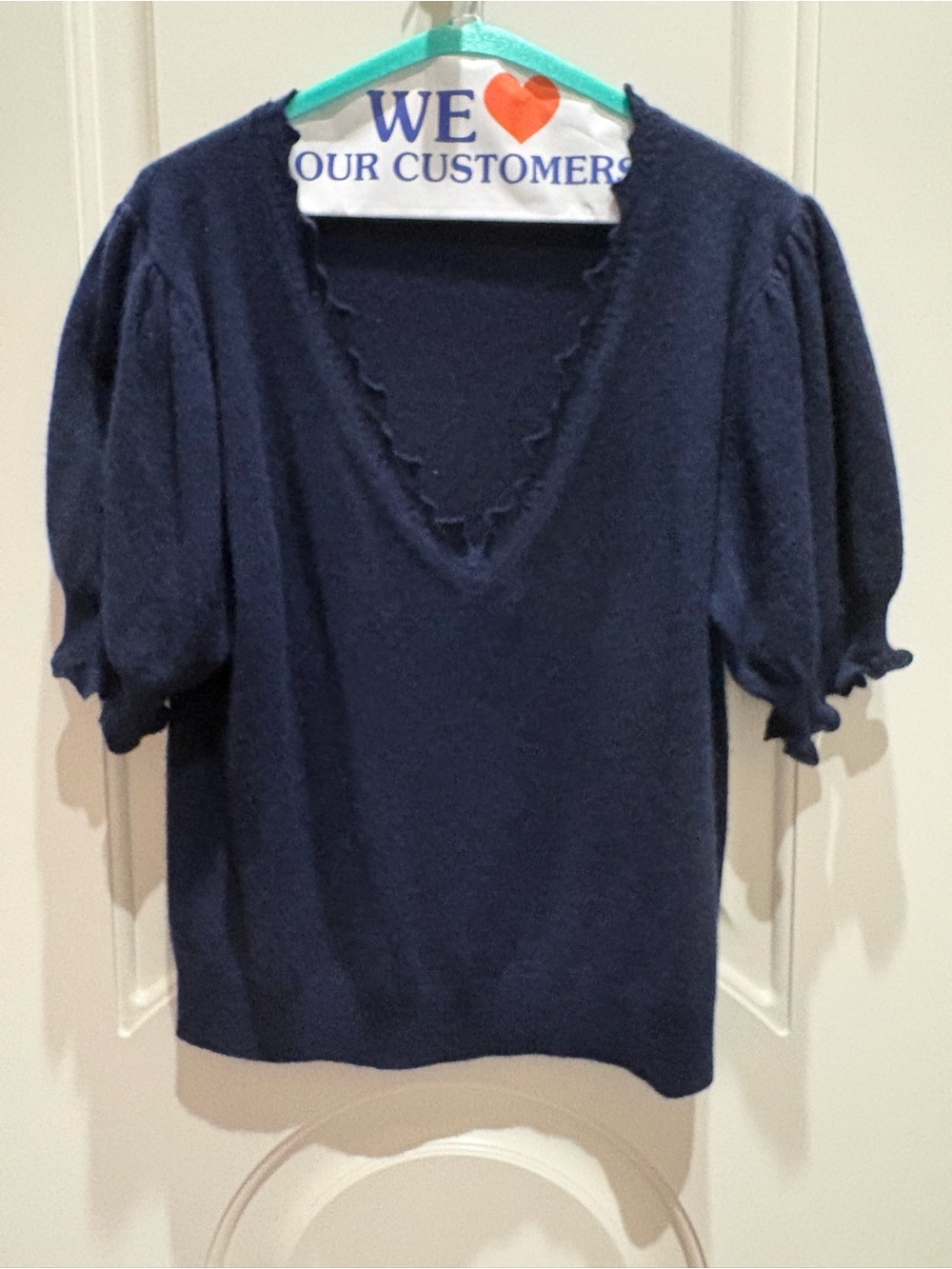 Ulla Johnson Navy Puff-Sleeve V-Neck Cashmere Sweater